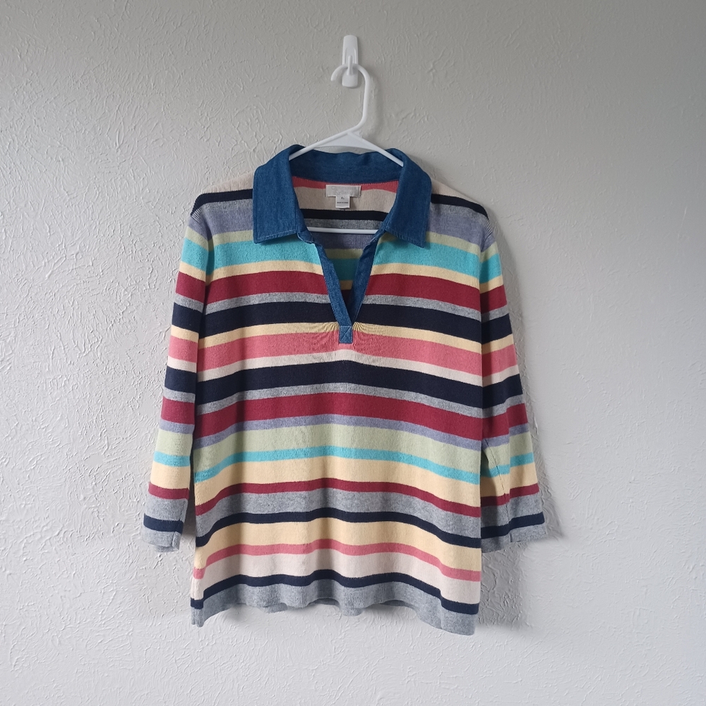 Christopher & Banks Striped Collared Knit V-Neck Polo Top